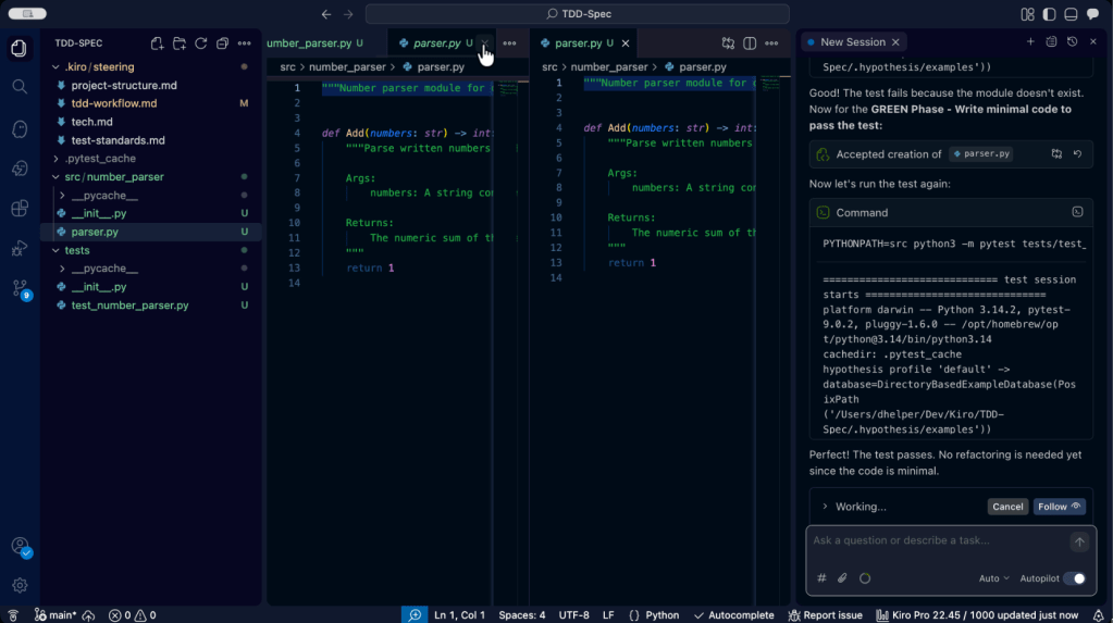 Screenshot of a coding environment showing a Python file named 'parser.py' with a function definition comment for a number parser module, along with test session details on the side.
