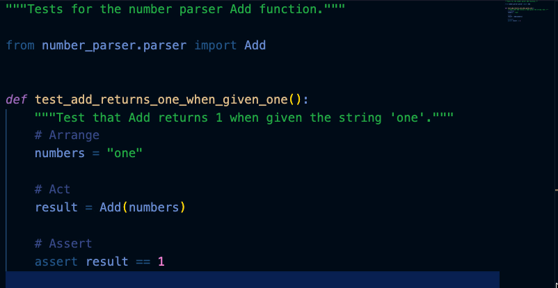 Code snippet showing a test for the Add function in a number parsing module, checking if the input 'one' returns 1.