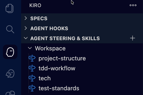 A screenshot of a software interface titled 'KIRO', featuring navigational elements such as 'SPECS', 'AGENT HOOKS', and 'AGENT STEERING & SKILLS', along with a workspace section listing items like 'project-structure', 'tdd-workflow', 'tech', and 'test-standards'.